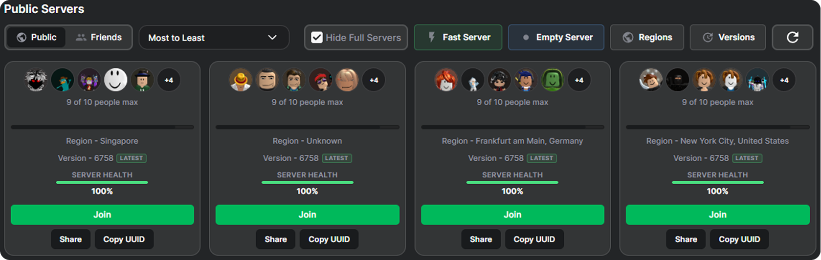 Redesigned public servers list with regions and server health